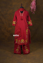 Deep Red – Aavani - Pre-Washed Handspun Cotton Ready-Made 3 piece Kurti Set with Floral Embroidery – Perfect for Office & Everyday Wear