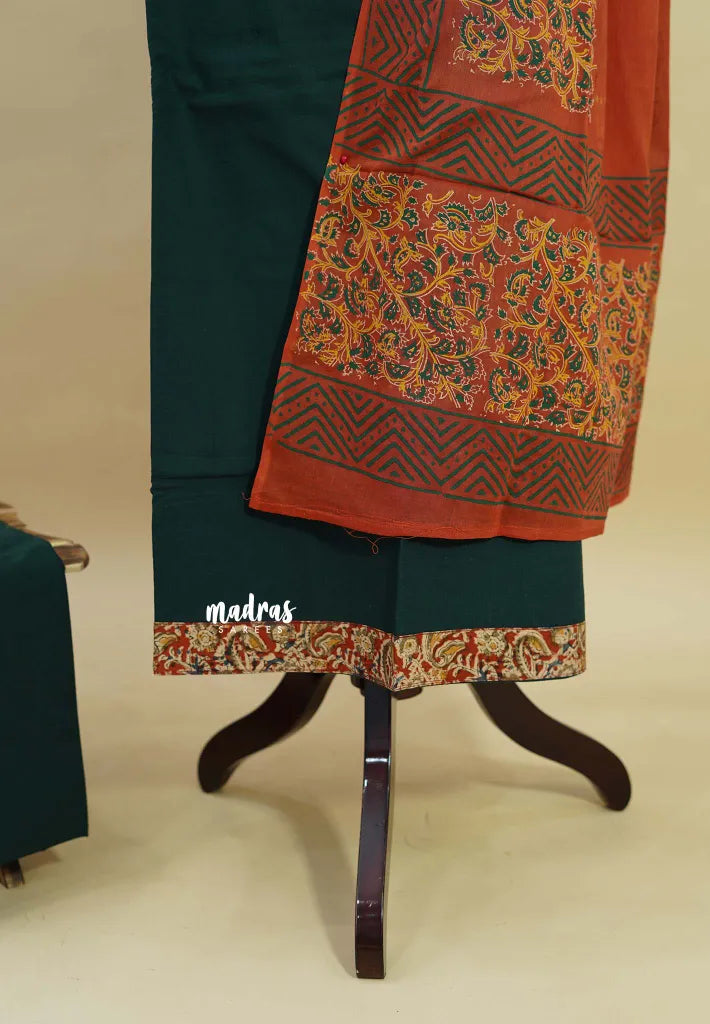 Amitha – Dark Green Pre-washed pure cotton with kalamakri mirror yoke salwar set