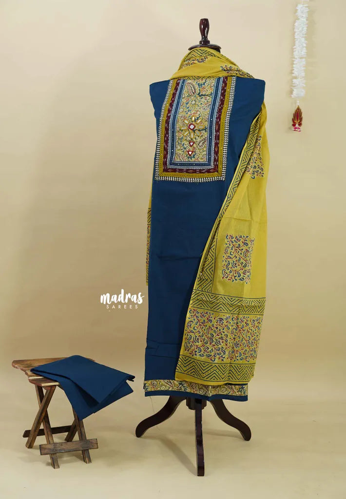 Amitha – Peacock Blue Pre-washed pure cotton with kalamakri mirror yoke salwar set