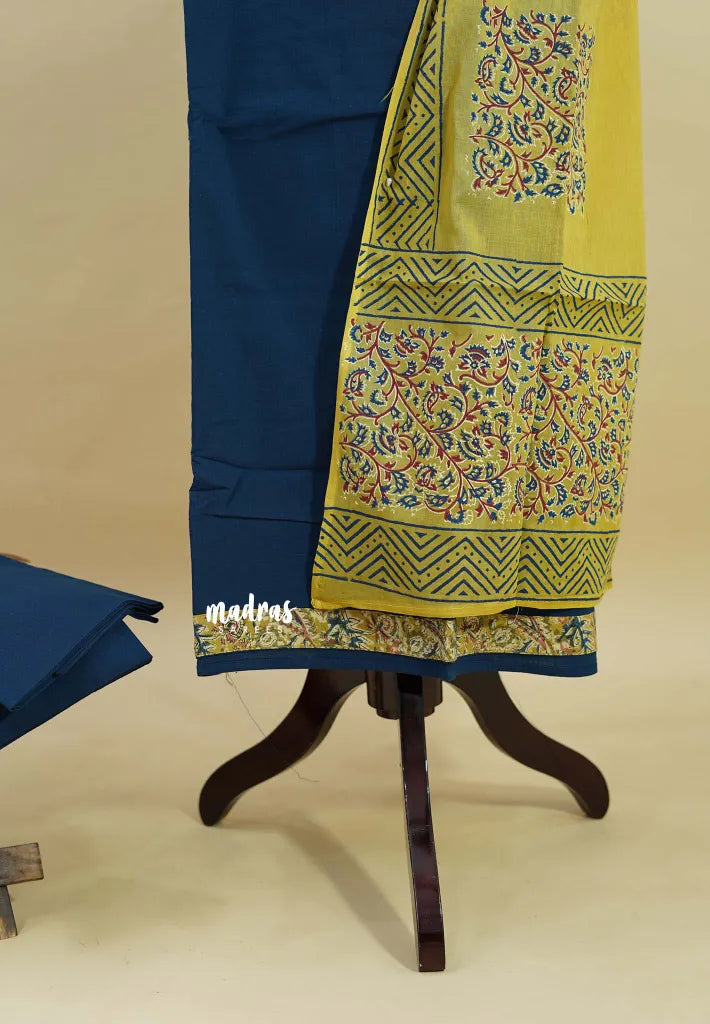 Amitha – Peacock Blue Pre-washed pure cotton with kalamakri mirror yoke salwar set