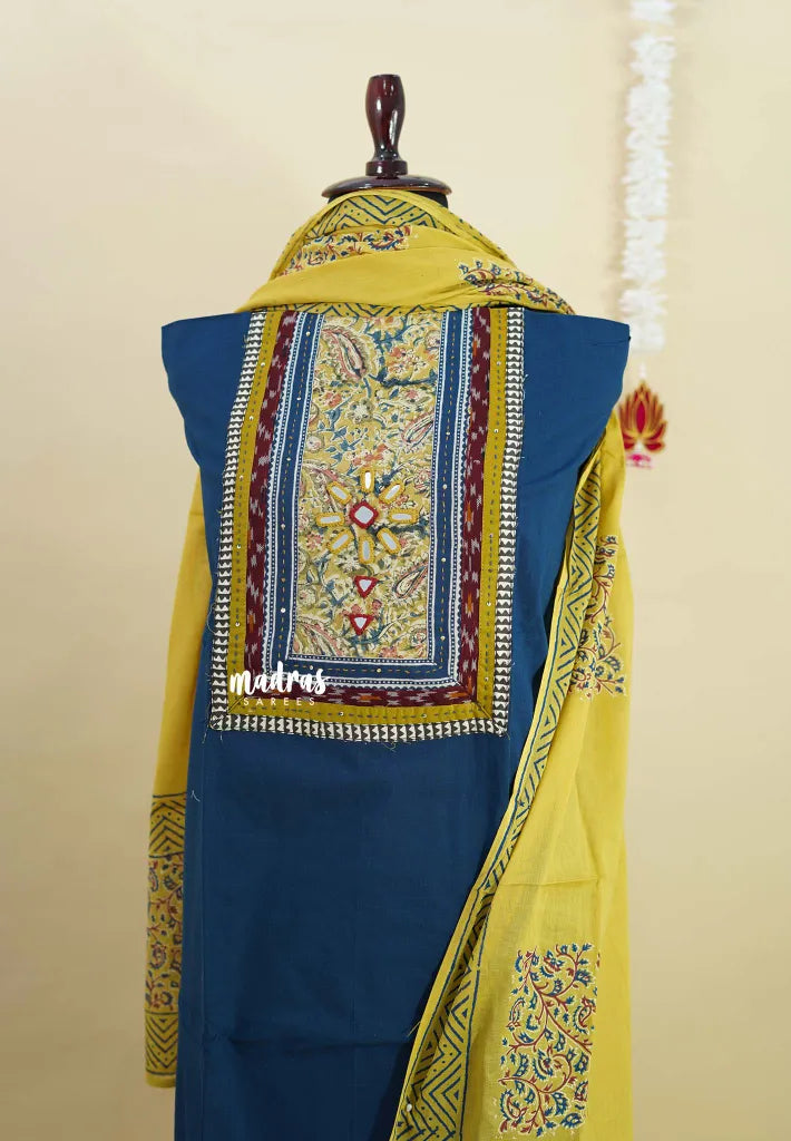 Amitha – Peacock Blue Pre-washed pure cotton with kalamakri mirror yoke salwar set