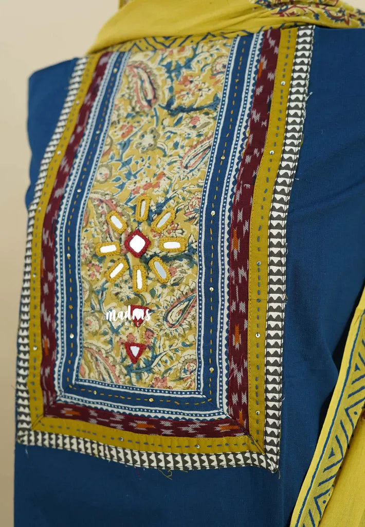 Amitha – Peacock Blue Pre-washed pure cotton with kalamakri mirror yoke salwar set