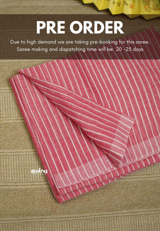 Stripes khadi linen Flamingo Pink - VJ Ramya saree