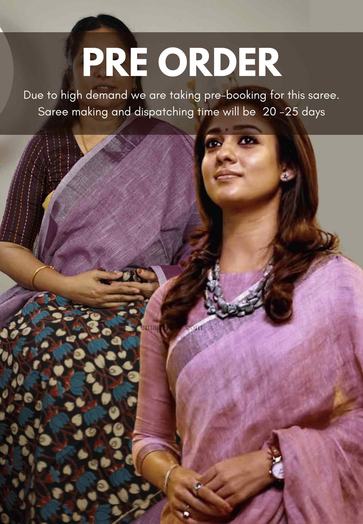 (PRE-BOOKING) Nayanthara purple - Handwoven Natural Linen Saree with white grooves