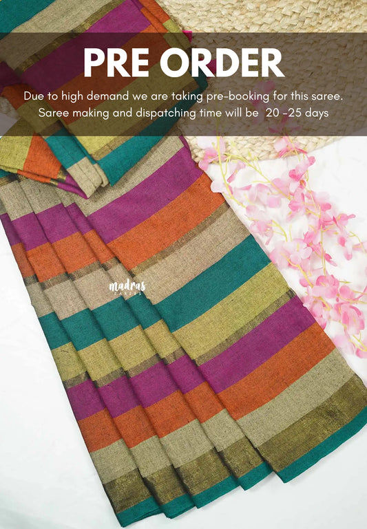 Thaara - Multicolor horizontal stripes khadi with tissue zari