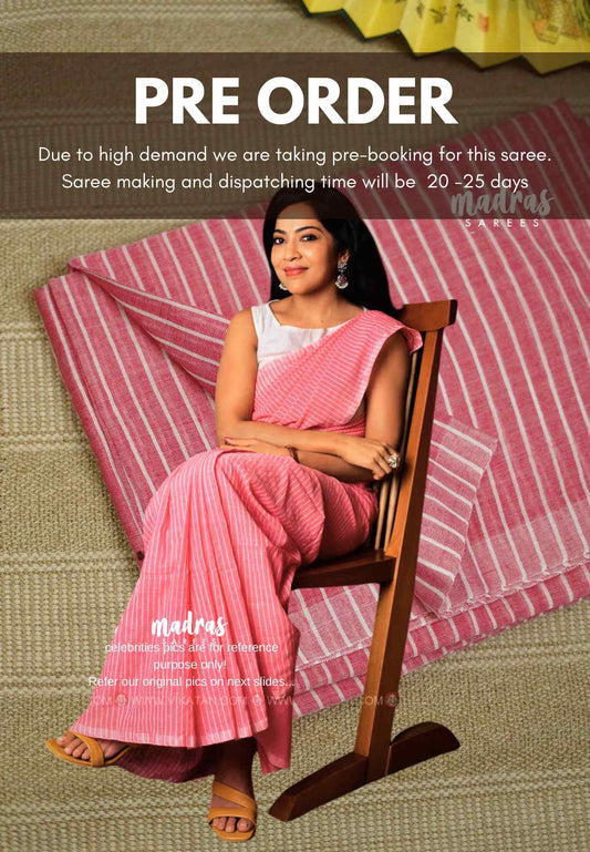 Stripes khadi linen Flamingo Pink - VJ Ramya saree