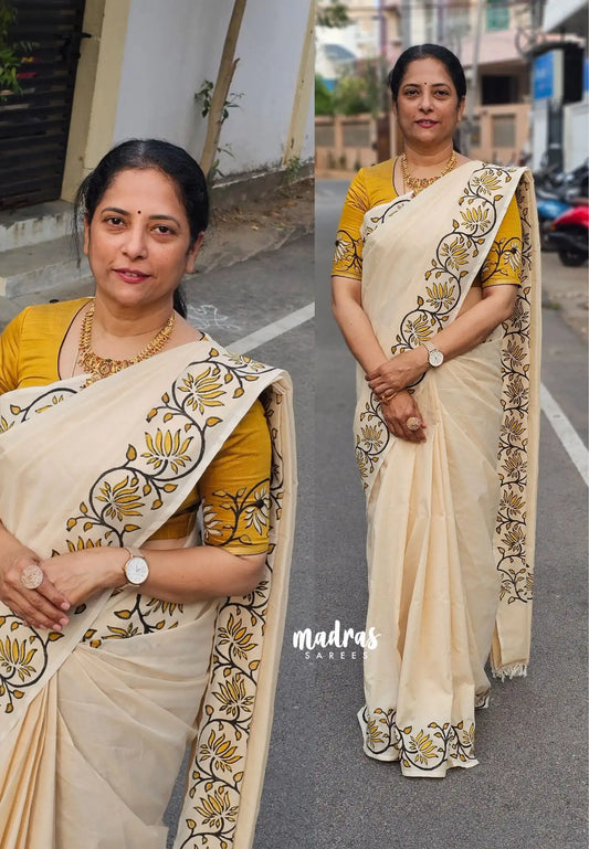 (PRE-BOOKING) Halfwhite with golden yellow rawsilk blouse - Sowmiya - Organic Bamboo Silk Cotton with handblock print