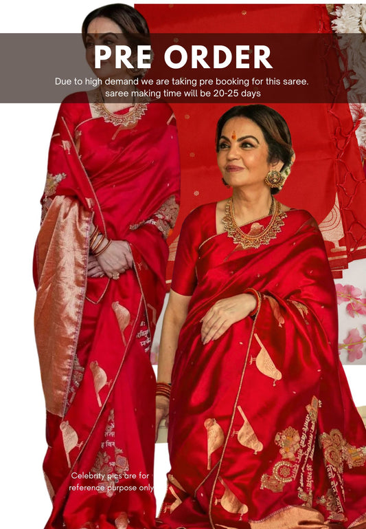 Nita Ambani inspired Chilly Red Malai silk with weaving Sanskrit Mantra pallu