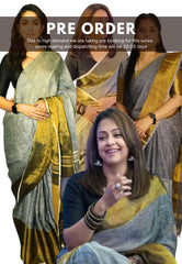 Organic linen Grey with gold saree - Jyothika - Mrunal Takur Grey saree