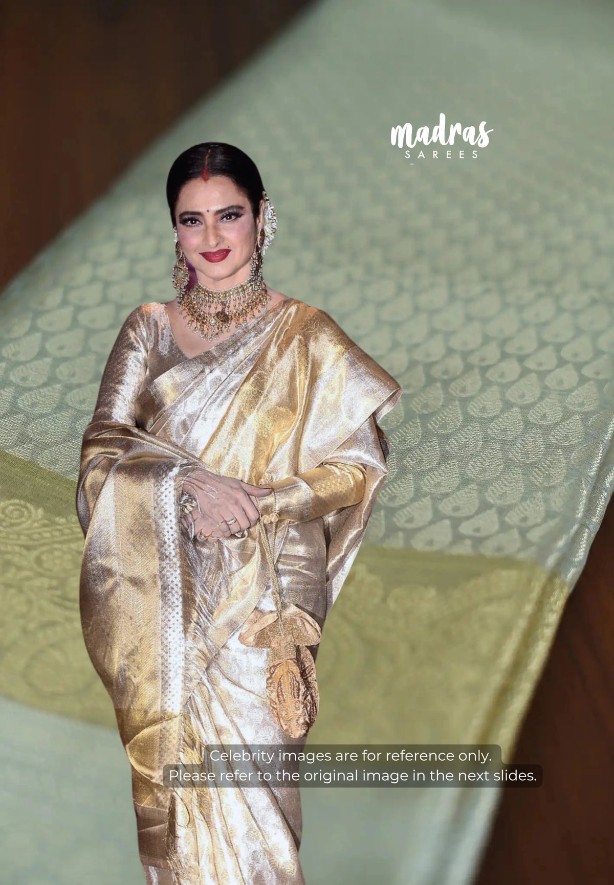 Actress Rekha inspired Antique silver Tissue silk saree