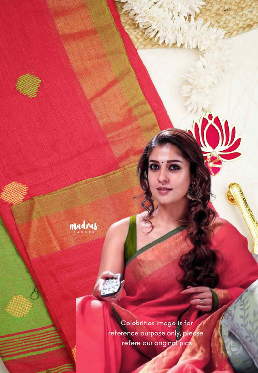 kannamma Handwoven Ballbutta linen dark pink with green pallu - Nayanthara inspired