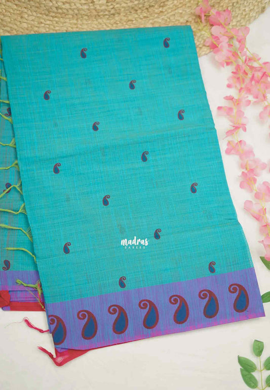 Soft Slub cotton saree dual shade turquoise blue color with mango border