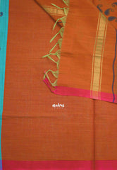 Soft Slub cotton saree dual shade turquoise blue color with mango border