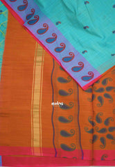 Soft Slub cotton saree dual shade turquoise blue color with mango border