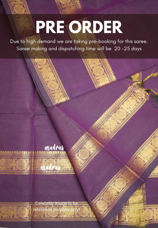 Karthigai silk cotton plain body rettapet border single color - Purple