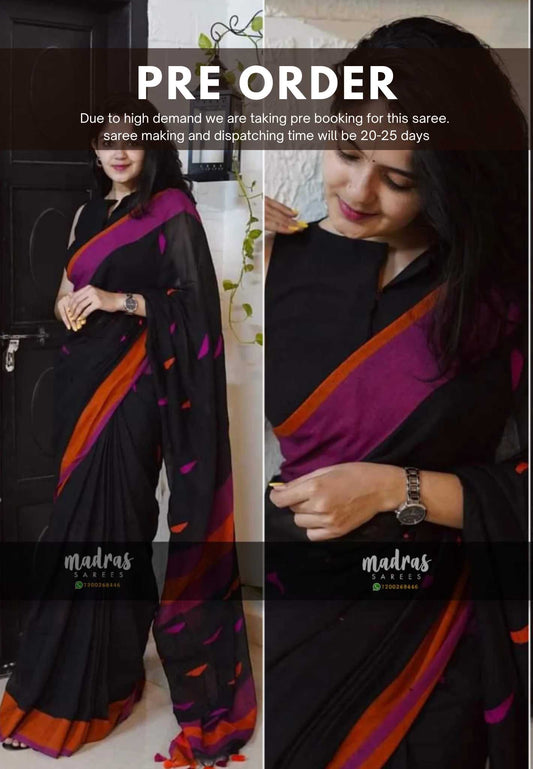 Khadi linen Mukkonam Buttas Black Ganga Jamuna border - Madras Sarees 