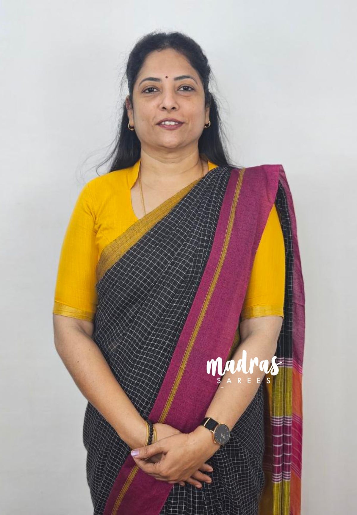 Patteda Anchu saree Black with Neon green and pink Ganga Jamuna border