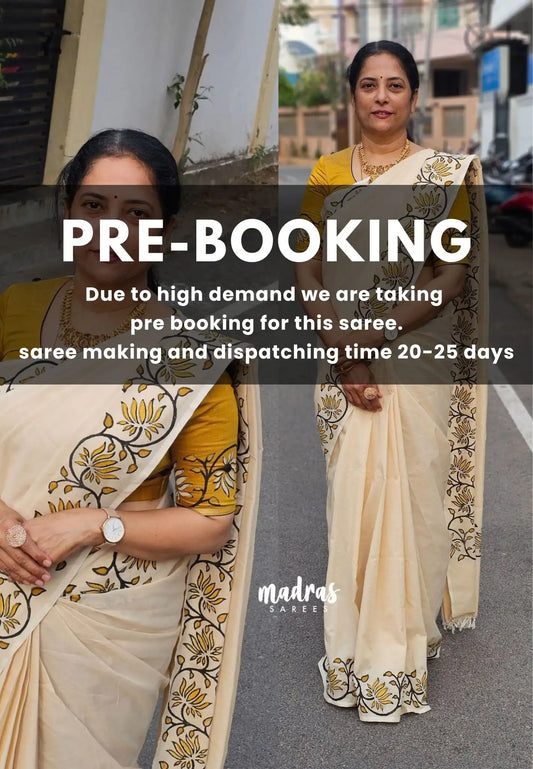 (PRE-BOOKING) Halfwhite with golden yellow rawsilk blouse - Sowmiya - Organic Bamboo Cotton with handblock print