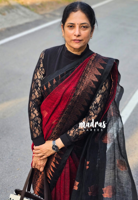 Thoolika - Organic linen hand woven Jamdani ikkat weaving - Red