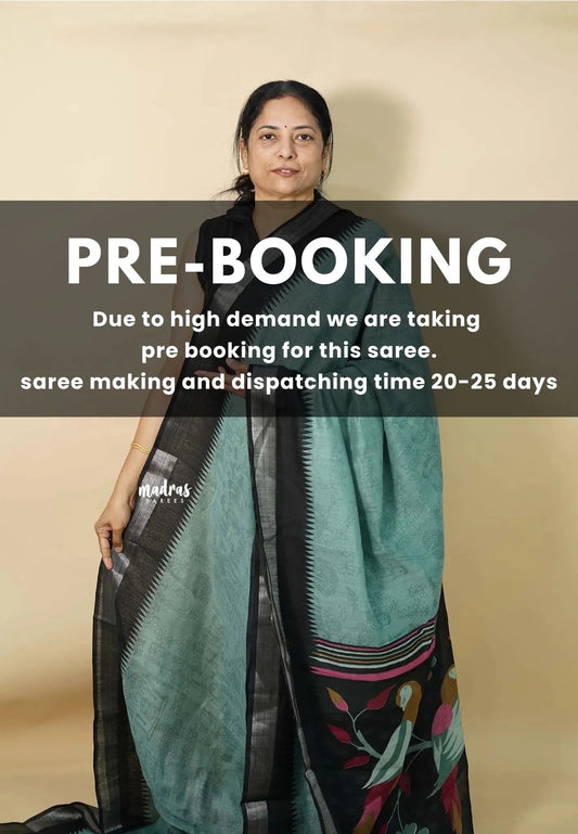 (PRE-BOOKING) Muted sea Green - Jasmine -  Fancy Jute with Kalamkari Pen Drawing Prints