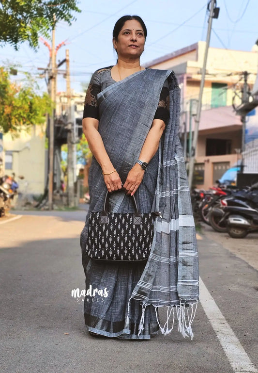 (PRE-BOOKING) Grey - Handwoven Natural Linen Saree with white grooves