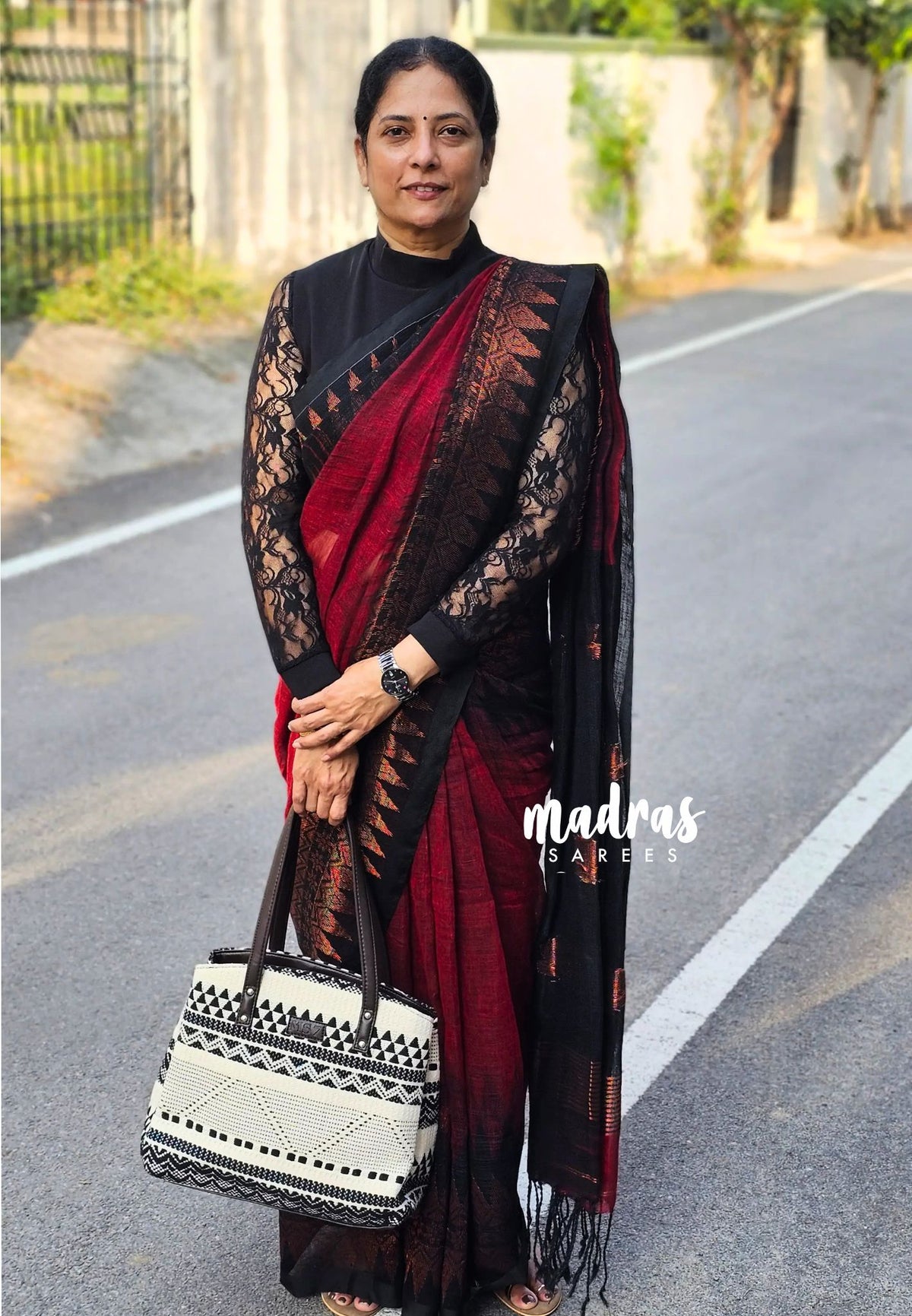 Thoolika - Organic linen hand woven Jamdani ikkat weaving - Red