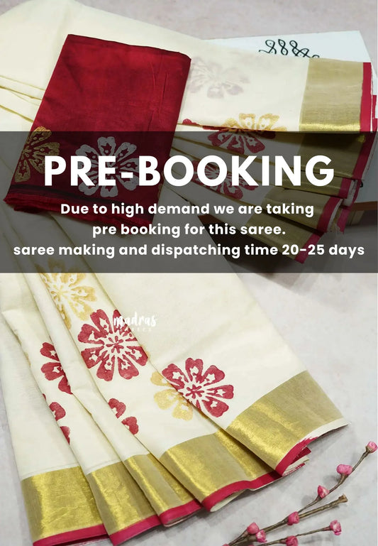(PRE-BOOKING) Halfwhite - Sowmiya - Organic Bamboo Cotton floral print with Tissue Border with raw silk blouse