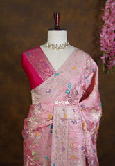 Muted Pink - Sowbhagya – Precision Weaving Pure Mulberry Silk with Contrast Blouse - Perfect for Functions