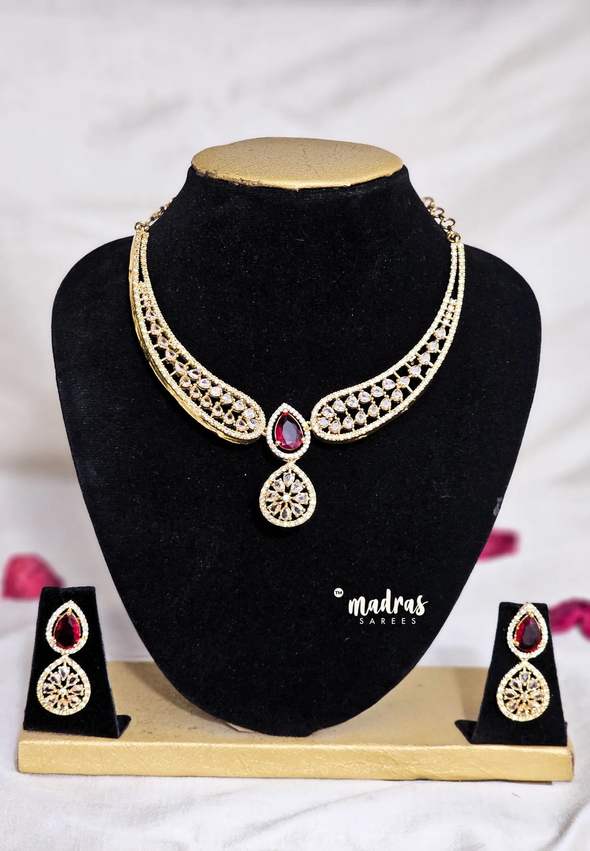 Premium 1 Gram Gold Polish AD Stone Kante Model Necklace with Earrings