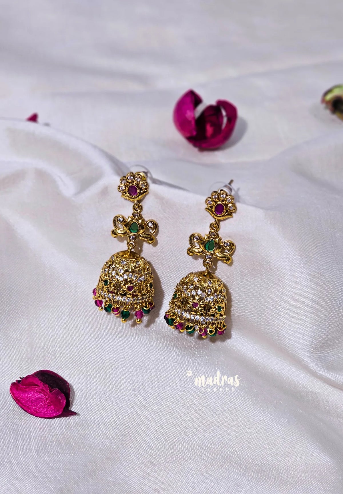 Premium 1 Gram Gold polish AD Stone Trendy Antique Temple Jhumka Earrings