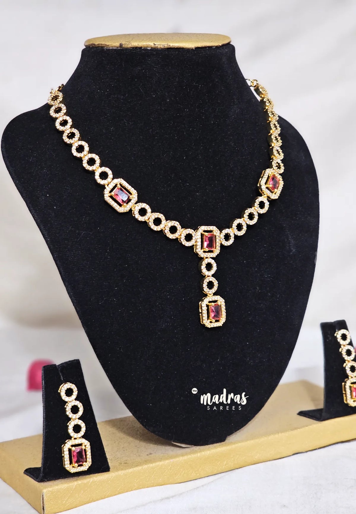 Premium 1 Gram Gold polish AD Stone Trendy Circle and Square Designer Ruby Necklace with Earrings