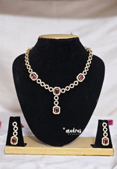 Premium 1 Gram Gold polish AD Stone Trendy Circle and Square Designer Ruby Necklace with Earrings