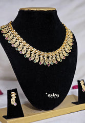 Premium 1 Gram Gold polish AD Stone Trendy Green and Ruby Peacock white gold Necklace with Earrings