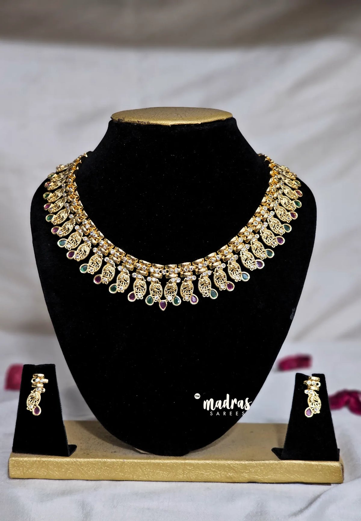 Premium 1 Gram Gold polish AD Stone Trendy Green and Ruby Peacock white gold Necklace with Earrings