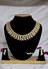 Premium 1 Gram Gold polish AD Stone Trendy Green and Ruby Peacock white gold Necklace with Earrings