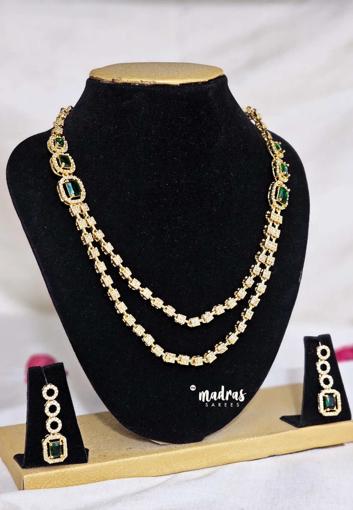 Premium 1 Gram Gold polish AD Stone Trendy double layer Emerald Necklace with Earrings