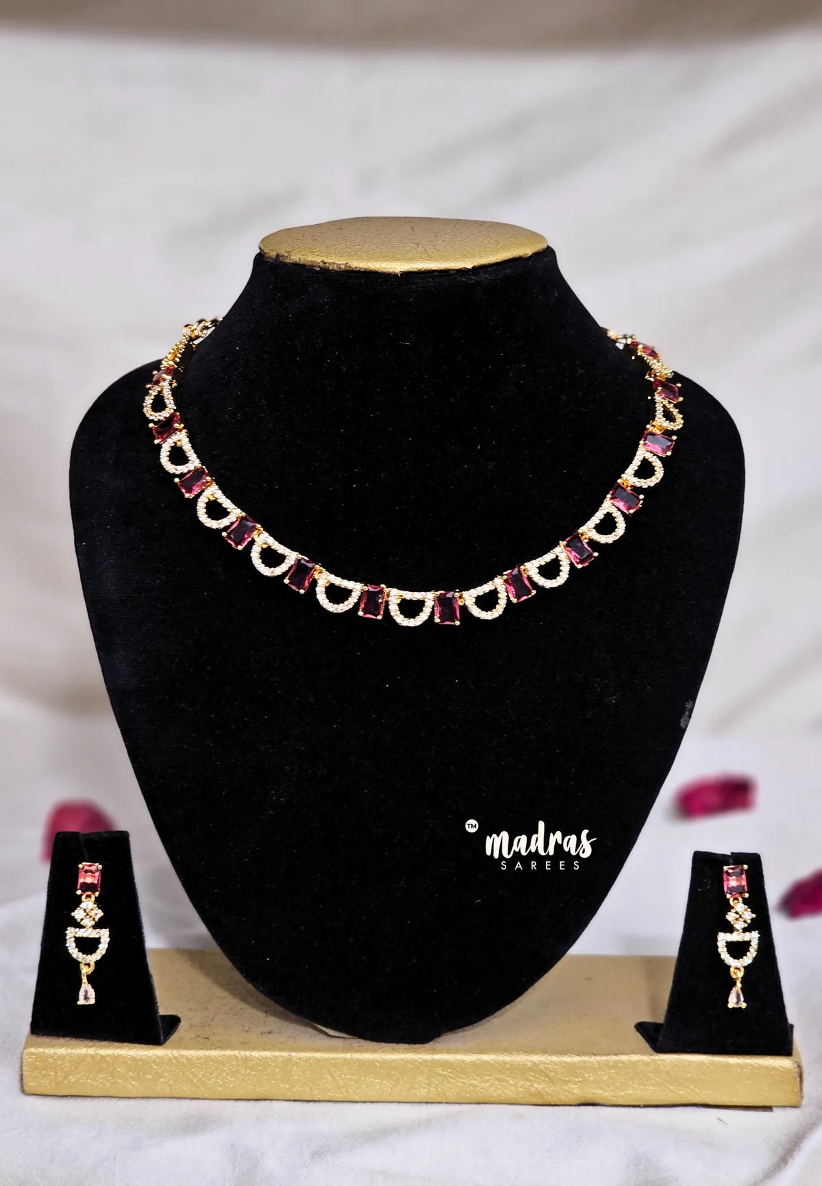 Premium 1 Gram Gold polish AD Stone Trendy Unique ruby Necklace with Earrings