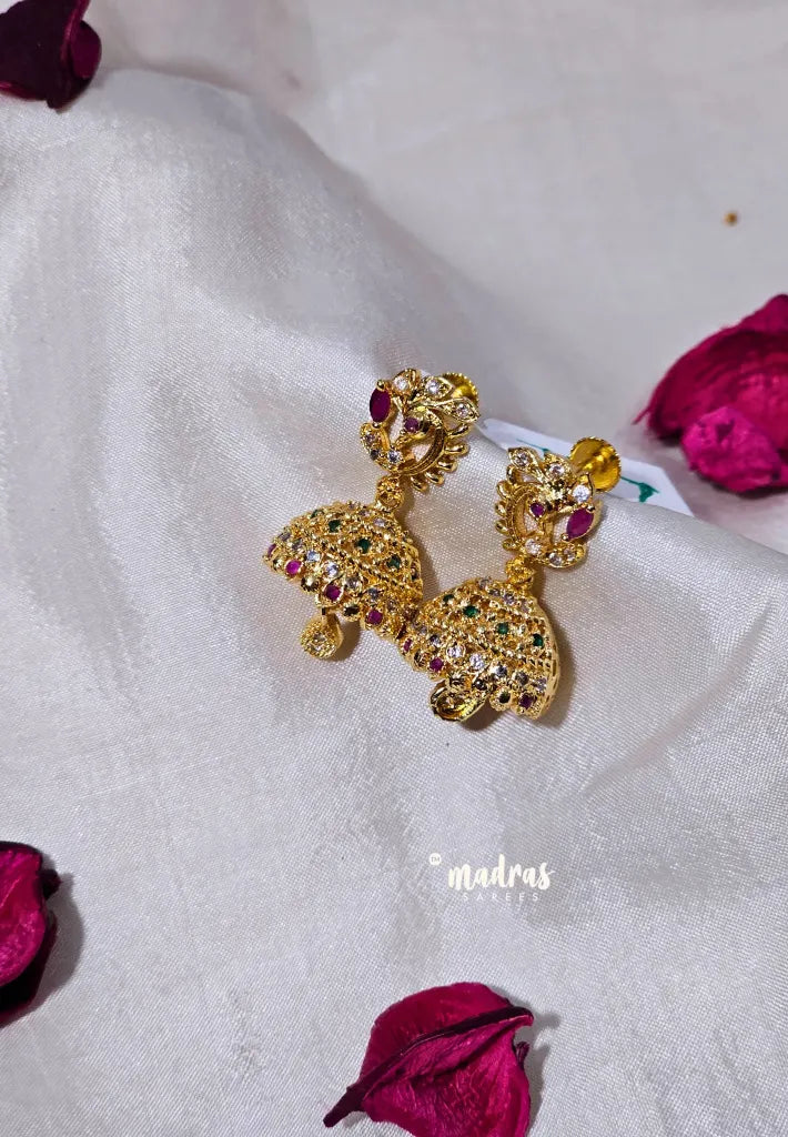 Premium 1 Gram Gold polish AD Stone Trendy Peacock Jhumka Earrings