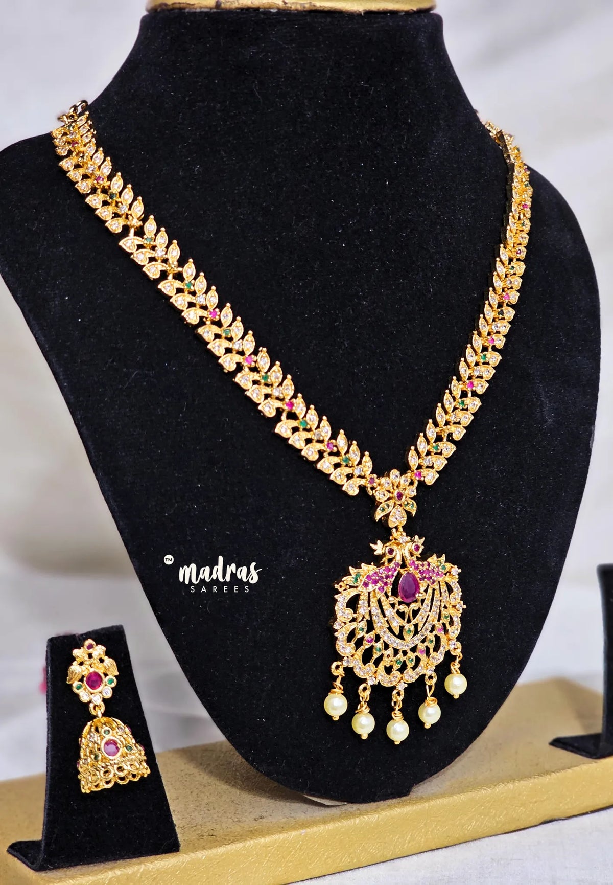 Premium 1 Gram Gold polish AD Stone Trendy Peacock Pendant Haaram Necklace with Earrings