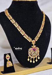 Premium 1 Gram Gold polish AD Stone Trendy Peacock Pendant Haaram Necklace with Earrings