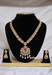 Premium 1 Gram Gold polish AD Stone Trendy Peacock Pendant Haaram Necklace with Earrings