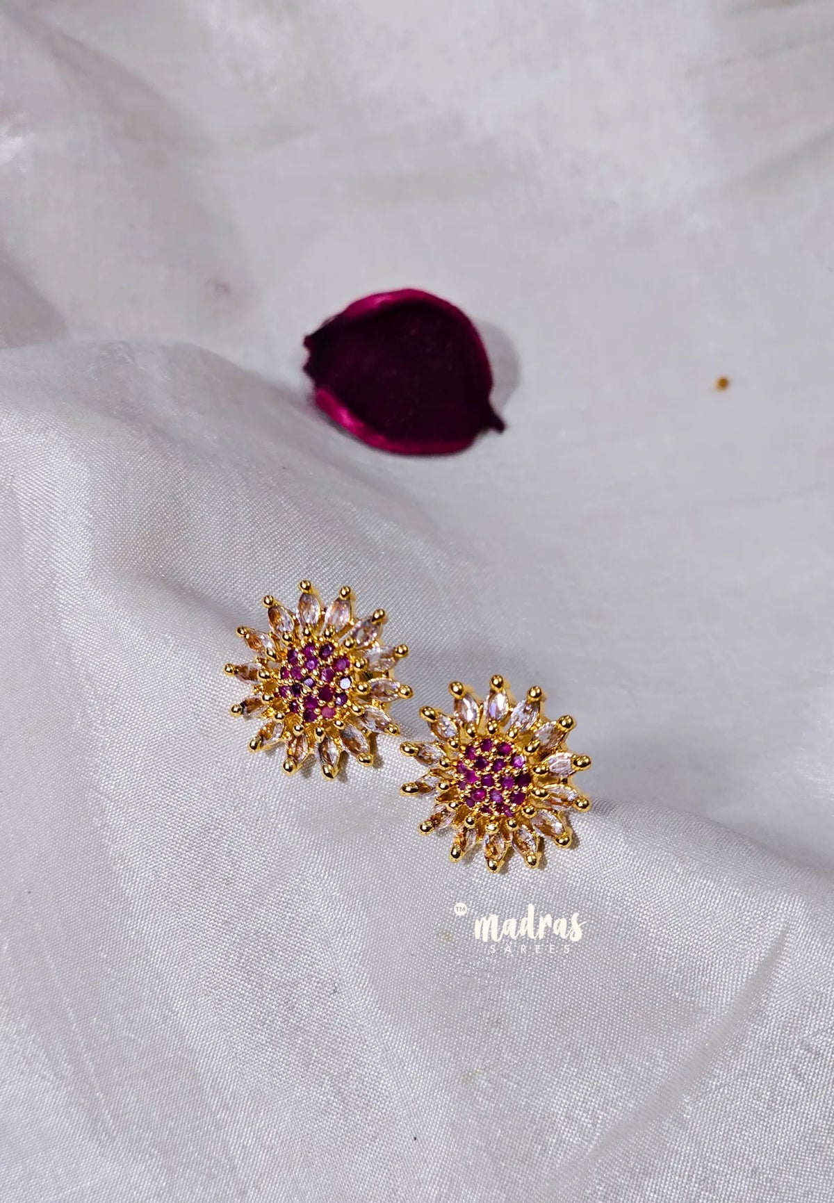 Premium 1 Gram Gold polish AD Stone Trendy Ruby and White Flower Stud