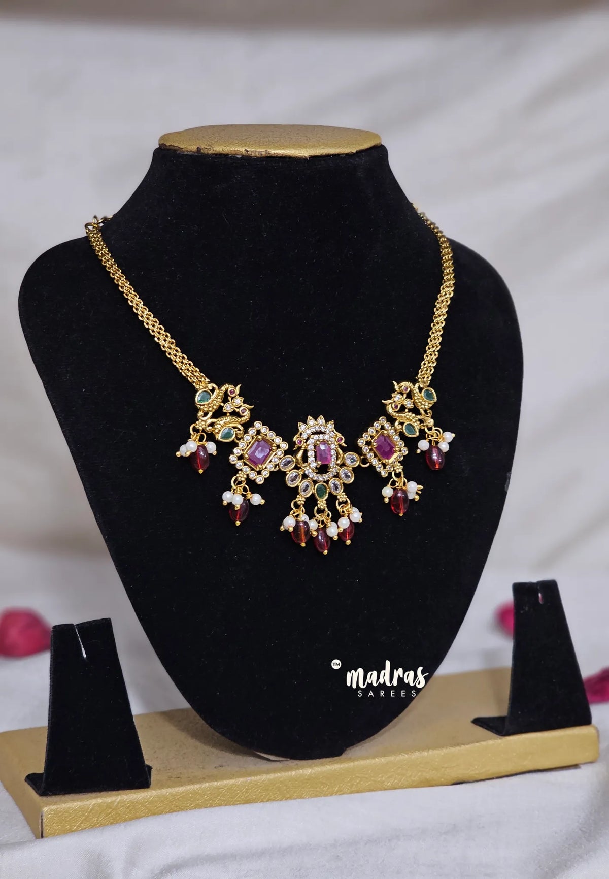 Premium 1 Gram Gold polish AD Stone ruby Trendy Unique Peacock choker Necklace