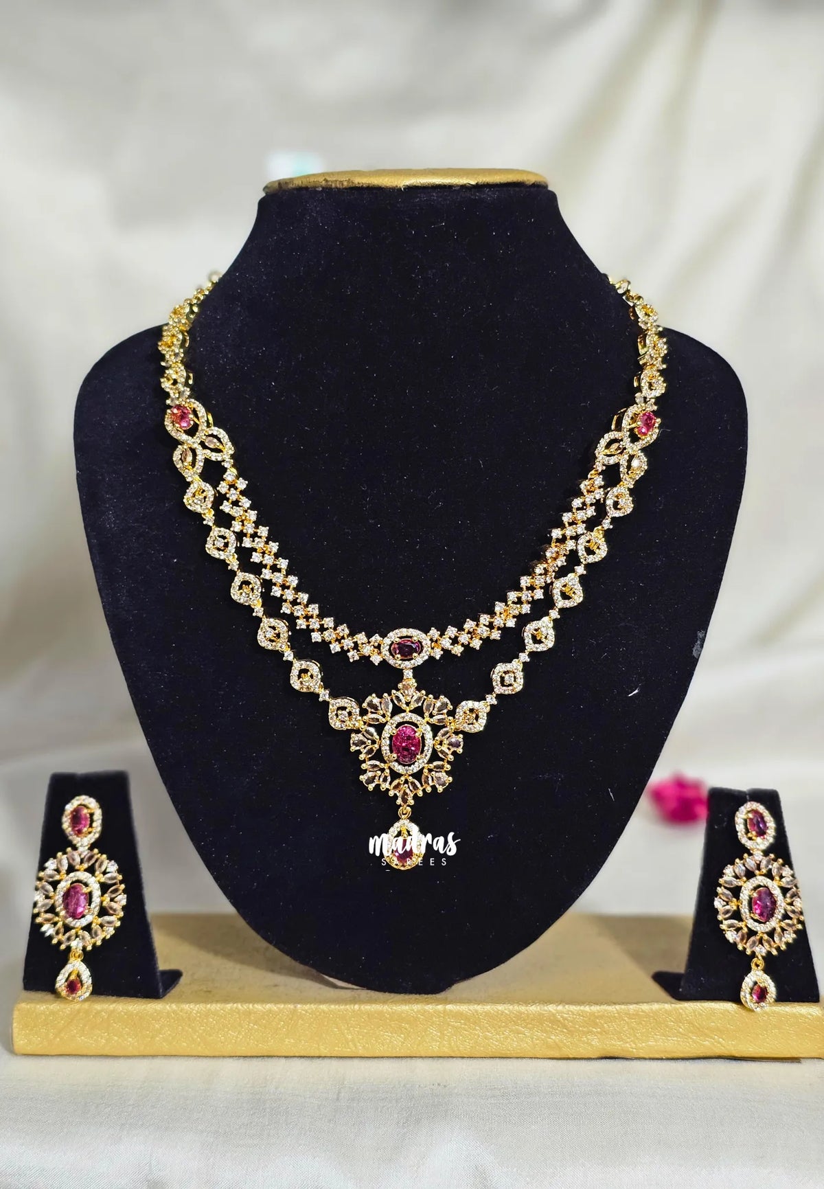Premium 1 Gram Gold polish AD Stone Trendy Layered Pink Stone Necklace with Earrings
