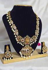 Premium 1 Gram Gold polish AD Stone Trendy Lakshmi Pendant Bridal long Necklace with Earrings