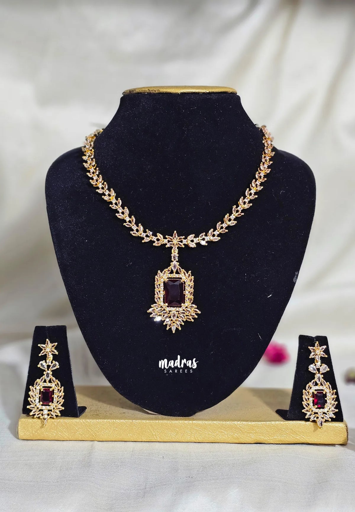 Premium 1 Gram Gold polish AD Stone trendy Ruby pendant Necklace with Ruby Earrings