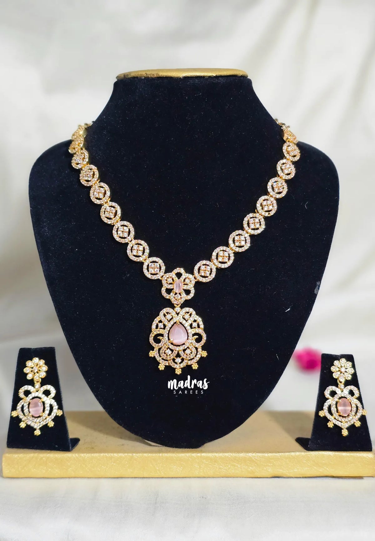 Premium 1 Gram Gold polish AD Stone Trendy Baby Pink Stone Necklace with Earrings