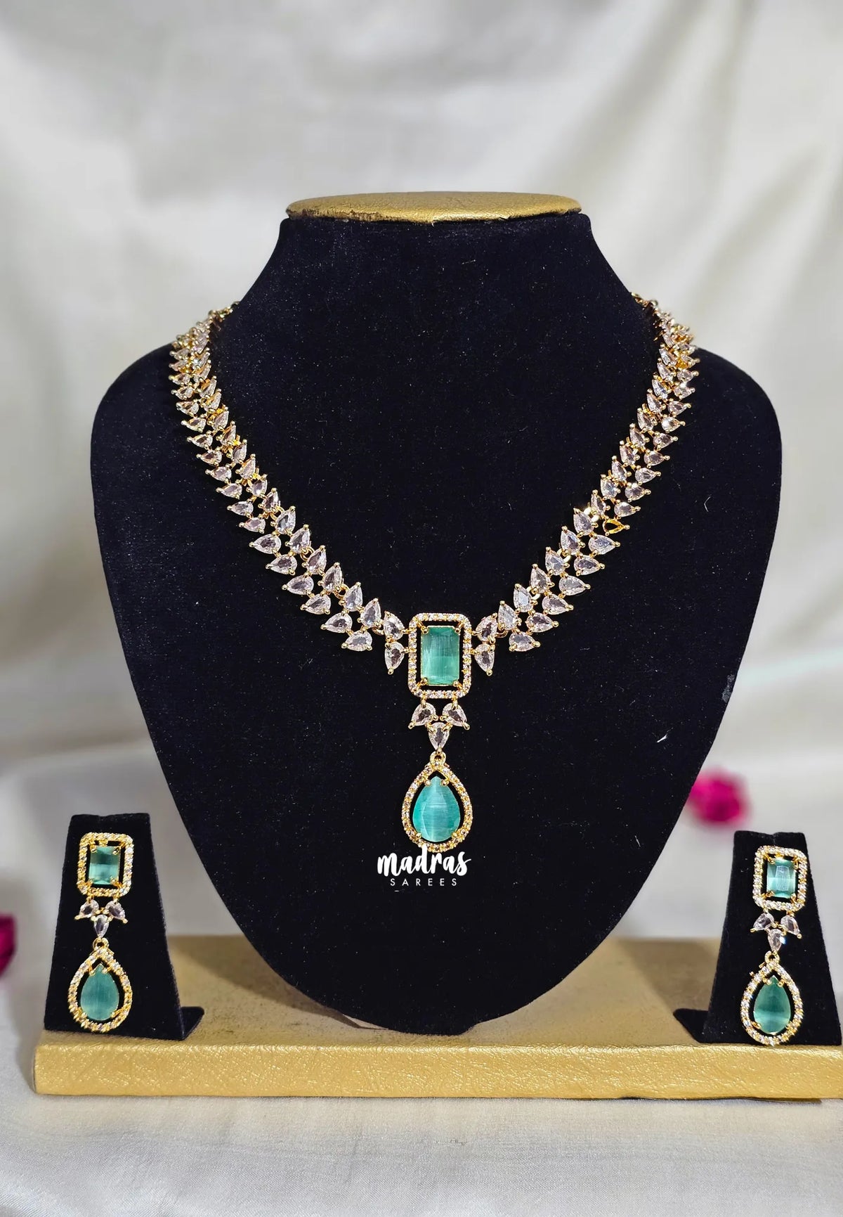 Premium 1 Gram Gold polish AD Stone Trendy Light Green Stone Necklace with Earrings