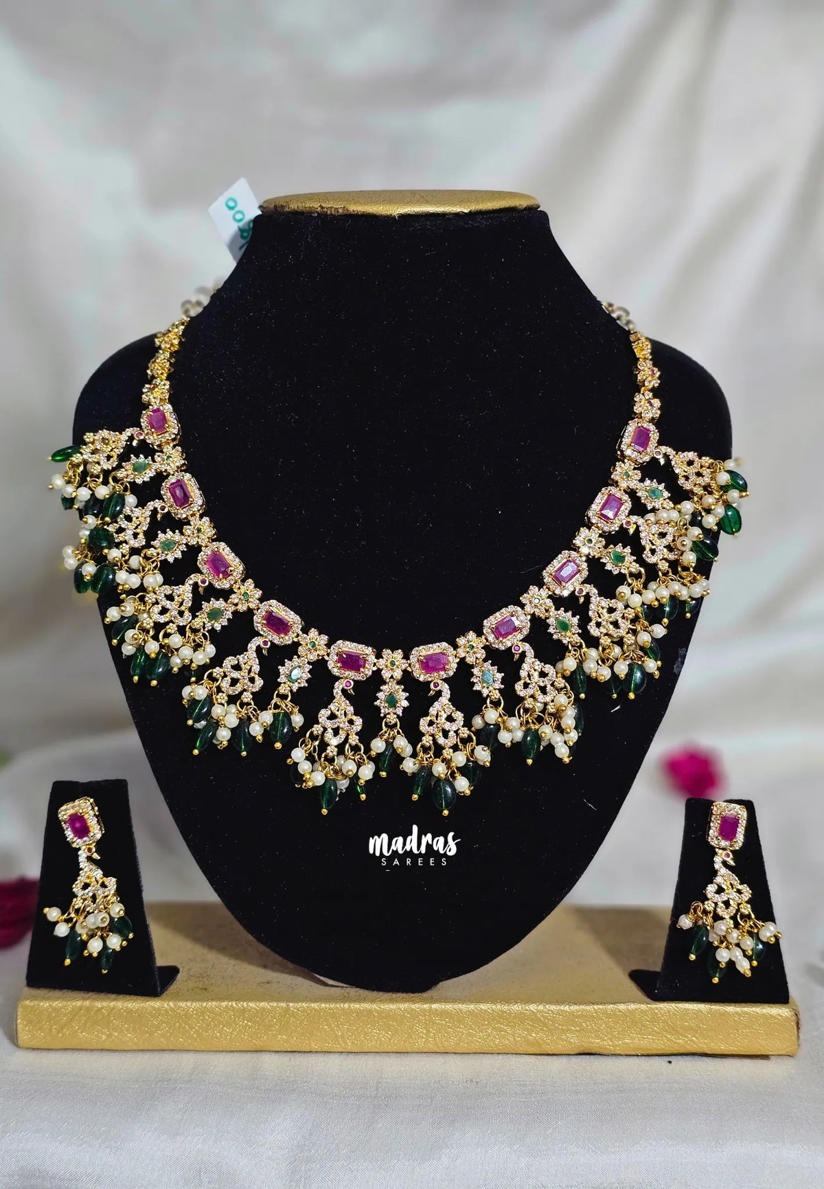 Premium 1 Gram Gold polish AD Stone Trendy  Rich Guttapusalu Bridal Necklace with Earrings