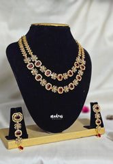 Premium 1 Gram Gold polish AD Stone Trendy double layer Ruby Stone Necklace with Earrings